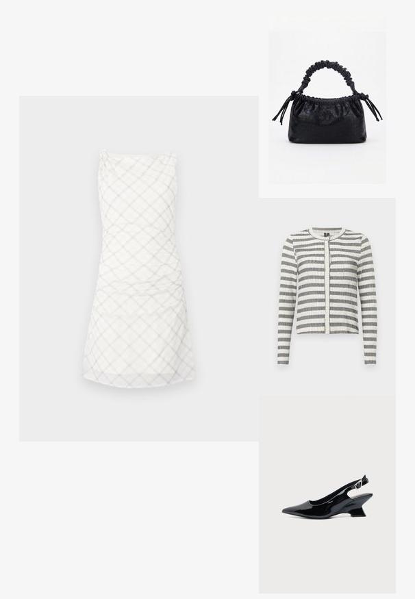 Cardigan rayé en noir et blanc, avec une texture côtelée, un col rond et une fermeture à boutons sur le devant. Design à longueur plus courte.; Robe blanche avec un motif à carreaux en gris clair. Le design comprend un corsage ajusté avec des fronces et une jupe droite arrivant au genou.; Chaussure slingback en cuir verni noir avec bout pointu et petit talon bloc incliné sur fond clair uni.; Sac à main noir avec texture crocodile, bord supérieur froncé, poignée plissée et pompons à cordon de chaque côté sur fond blanc.