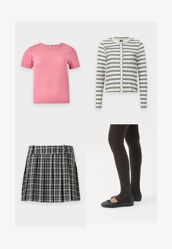 Cardigan rayé en noir et blanc, avec une texture côtelée, un col rond et une fermeture à boutons sur le devant. Design à longueur plus courte.; T-shirt à manches courtes en rose côtes, fabriqué en tissu doux, avec un col rond et une coupe légèrement ajustée.; Jupe plissée à carreaux noir et blanc avec une taille lisse et de multiples plis verticaux. Fabriquée en tissu léger.; Jambes portant des leggings côtelés foncés associés à des ballerines noires avec de petits détails en nœud sur fond blanc.