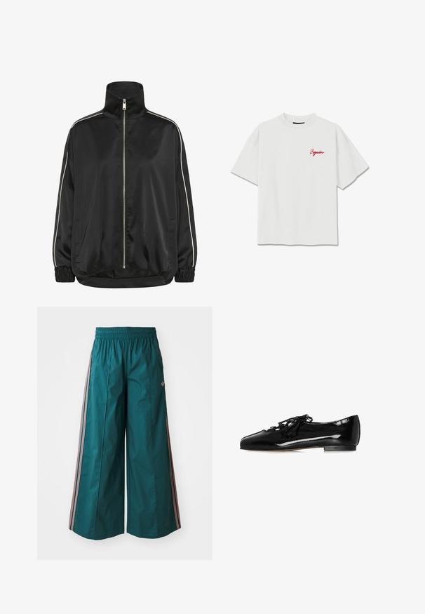 Zwarte satin jas met hoge kraag, volledige rits en witte zijstrepen. Voorzien van elastische manchetten en twee zijzakken.; Witte korte mouw T-shirt met ronde hals en rode cursieve tekst "Pegador" op de linkerborst, weergegeven tegen een witte achtergrond.; Teal wijde broek met een elastische tailleband, voorzien van gestreepte accenten in roze en wit aan de zijkanten, gemaakt van lichte stof.; Zwarte lakleren platte schoen met vierkante neus, vetersluiting aan de voorkant, lage hak en uitsnijdingen aan de zijkanten, getoond in profiel op een witte achtergrond.