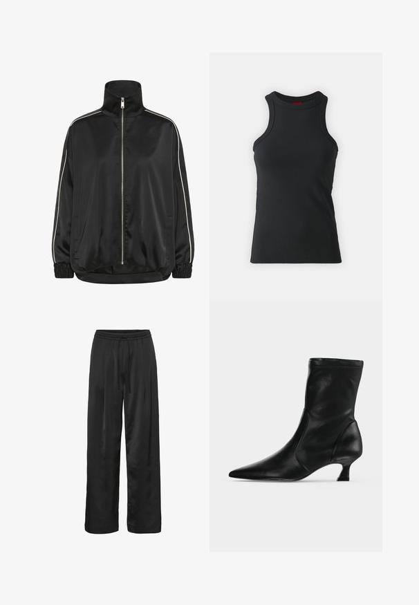 Chaqueta de satén negra con cuello alto, cremallera completa y rayas laterales blancas. Presenta detalles de puños elásticos y dos bolsillos laterales.; Camiseta sin mangas negra hecha de una tela elástica. Presenta un cuello redondo y una silueta ajustada con detalles de costura mínimos.; Pantalones de pierna ancha negros, hechos de una tela suave y brillante. Cuentan con una cinturilla elástica con cordón para un ajuste ajustable.; Bota negra de cuero hasta media pantorrilla con puntera puntiaguda y tacón bajo tipo kitten, vista de lado sobre un fondo claro y liso.