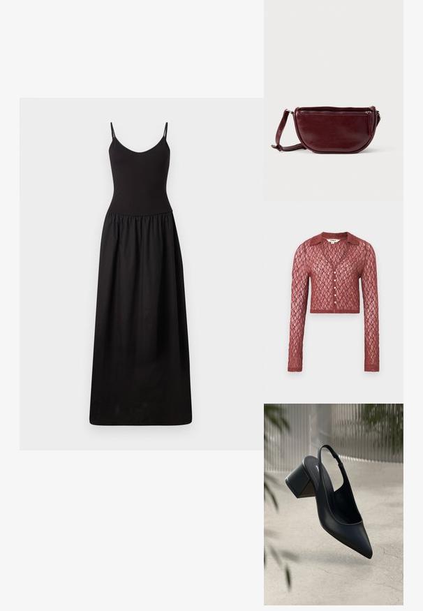 Kanten cardigan in diep rood, cropped lengte, lange mouwen, v-hals, knoopsluiting, gedetailleerd met een textuurpatroon.; Zwart maxi-jurk met dunne verstelbare bandjes, fitted corsage, geplooide taille en gladde stof, die tot op de vloer reikt met een eenvoudige silhouet.; Zwarte leren slingback hak met een spitse neus en een blokhak. Glad oppervlak, minimalistisch ontwerp en verstelbare enkelband.; Dieprode lederen handtas met een halve-maansvorm, een ritssluiting en een afneembare riem. Gladde textuur met een subtiele glans.