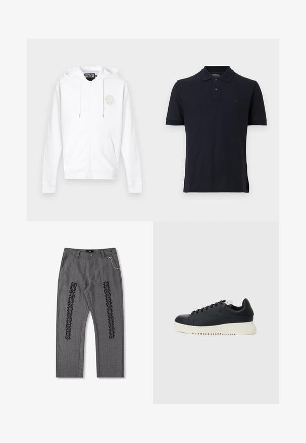 Hvid lynlåshoodie med hætte og snore, med et lille cirkulært Versace Jeans Couture-logo på venstre bryst.; Sort kortærmet polo med to knapper og et lille broderet logo på venstre bryst, vist mod en ensfarvet baggrund.; Grå rutet bukser med sort tekstdetalje langs siderne, prydet med en kædeaccent i taljen. Bukserne har lige ben og er lavet af struktureret stof.; Sorte teksturerede sneakers med runde tåspidser, seks snørrehuller og hvide gummisåler med vandrette riller. Minimalistisk design uden synlige logoer.