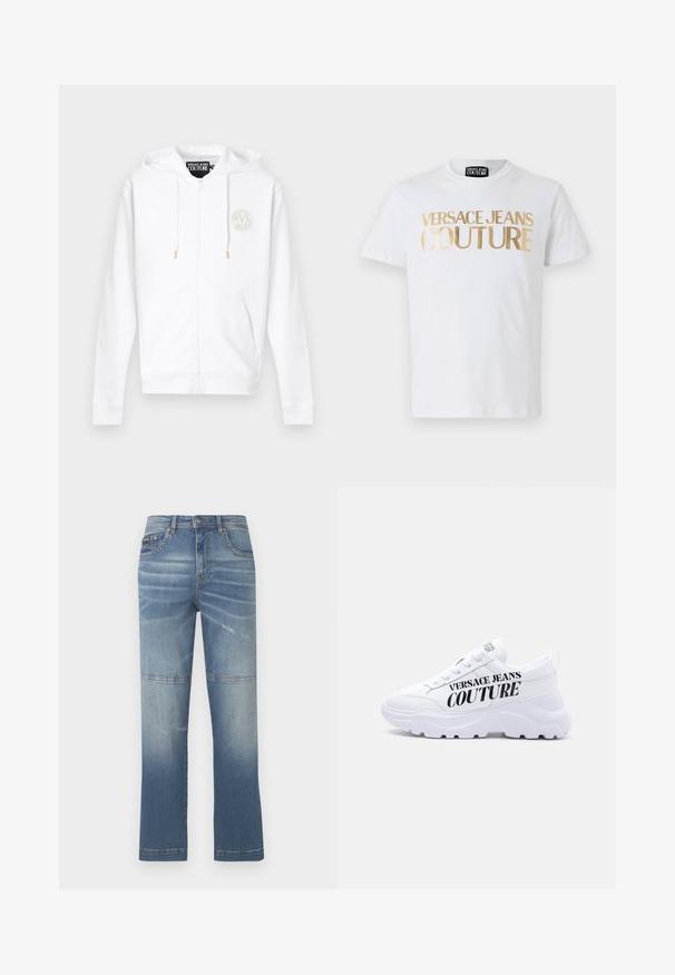 Valge lukuga kapuutsiga dressipluus kapuutsi ja paeltega, vasakul rinnal väike ümmargune Versace Jeans Couture logo.; Valge puuvillane T-särk, millel on esiküljel rasvased kuldsed "VERSACE JEANS COUTURE" tähtedega kiri. Ümmargune kaelus ja lühikesed varrukad.; Heledad sinine denim teksad sirge sääre disainiga, millel on pleekinud kohad, õmblusdetailid ja keskmine talje. Sisaldab esikotte.; Valged paksud tossud paksu tallaga, paela kinnitusega ja "Versace Jeans Couture" paksus mustas kirjas küljele trükitud.