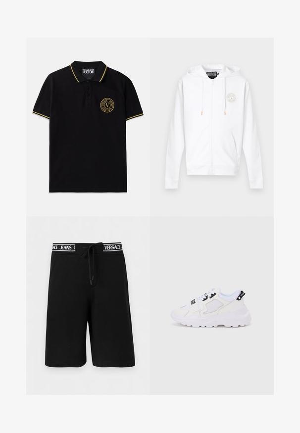 Biela mikina na zips s kapucňou a šnúrkami, s malým kruhovým logom Versace Jeans Couture na ľavej strane hrudníka.; Čierny polo tričko vyrobené z bavlny má golier so žltými pruhmi, zapínanie na dve gombíky a vyšitý kruhový logotyp na ľavej hrudi.; Čierne šortky po kolená s bočnými vreckami a sťahovacou šnúrkou v páse so značkou "VERSACE JEANS" v bielej farbe.; Biele športové tenisky s robustnou podrážkou, sieťovinovým a syntetickým zvrškom, čiernymi akcentmi a šnúrkami. Textúrovaný dizajn a logo na päte.