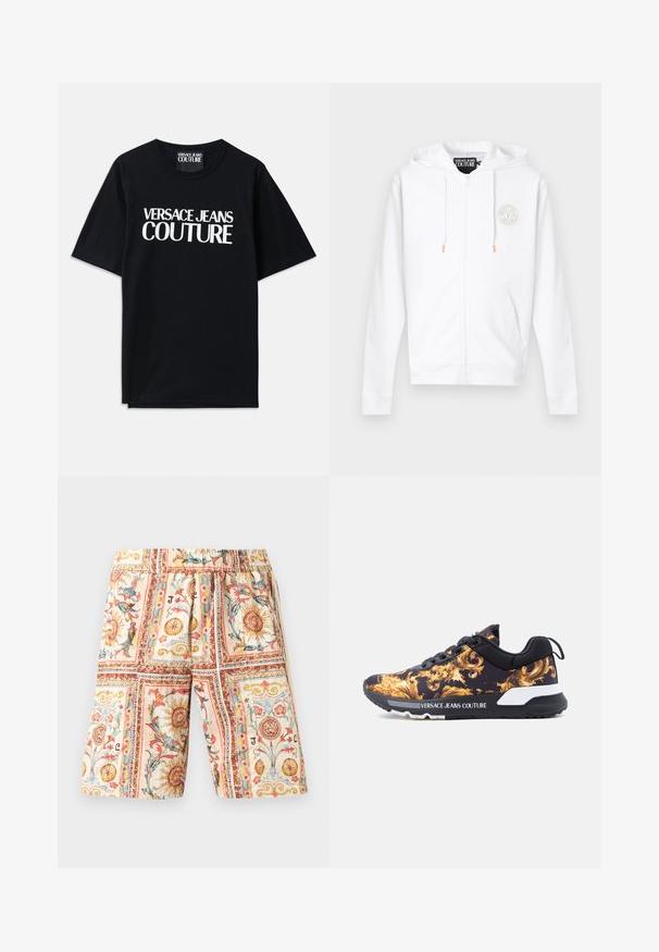 Valge lukuga kapuutsiga dressipluus kapuutsi ja paeltega, vasakul rinnal väike ümmargune Versace Jeans Couture logo.; Mustmust värvi puuvillane T-särk lühikeste varrukatega, mille esiküljel on suur valge kiri "VERSACE JEANS COUTURE". Klassikaline ümarkaelus.; Põlvepikkused lühikesed püksid elastse vöökohaga, millel on värvikirevad ornamendikad päikese ja lille mustrid ristkülikukujulistes paneelides beežil taustal.; Mustan ja kullaga mustriline Versace Jeans Couture toss musta tallaga ja valge kandade esiletõstuga, küljeprofiili vaates valgel taustal.