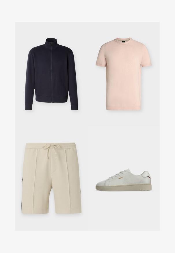 Veste zippée entièrement bleu marine avec col, poignets et ourlet côtelés, arborant un petit logo embossé sur le côté gauche de la poitrine.; T-shirt rose clair à manches courtes et col rond avec logo "BOSS" brodé sur la poitrine gauche.; Shorts texturés beiges avec plis avant, taille élastique et lien à nouer, présentés sur un fond uni.; Baskets blanches basses avec semelle beige, logo doré "HUGO" sur le côté et accent rouge sur la languette du talon, vues de profil.