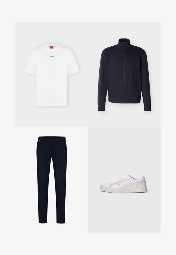 Marineblaue Jacke mit durchgehendem Reißverschluss, geripptem Kragen, Bündchen und Saum, mit einem kleinen geprägten Logo auf der linken Brust.; Weißes T-Shirt mit kurzen Ärmeln und kleinem schwarzem "HUGO" Logo mittig auf der Brust und einem roten Etikett innen im Kragen.; Marineblaues Tuchhosen aus glattem Stoff, mit schlanker Passform, Gürtelschlaufen und einem verdeckten Reißverschluss. Keine auffälligen Muster oder Akzente vorhanden.; Weißer Sneaker mit niedrigem Schaft, Schnürsenkeln, gesteppten Details und "BOSS"-Branding an der Seite und Sohle, von der Außenseite gezeigt.