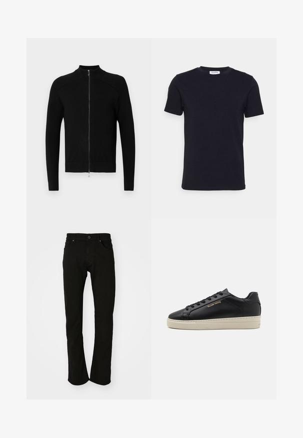 Schwarzer Reißverschluss-Pullover mit hohem Kragen, gerippten Schulterakzenten und glatter Körperstruktur. Verfügt über enganliegende lange Ärmel und einen geraden Saum.; Schwarzes T-Shirt mit kurzen Ärmeln und Rundhalsausschnitt, mit einem kleinen weißen Etikett auf der Innenseite des Kragens.; Schwarze Jeans aus Denim mit geradem Beinanschnitt, ausgestattet mit einem klassischen Bund, Fronttaschen und einer glatten Textur. Keine sichtbaren Muster oder Akzente.; Schwarze Leder-Sneaker mit glatter Oberfläche, kontrastierender cremefarbener Sohle, abgerundeter Spitze, goldfarbenem Logo an der Seite und sechs Ösen für die Schnürsenkel.