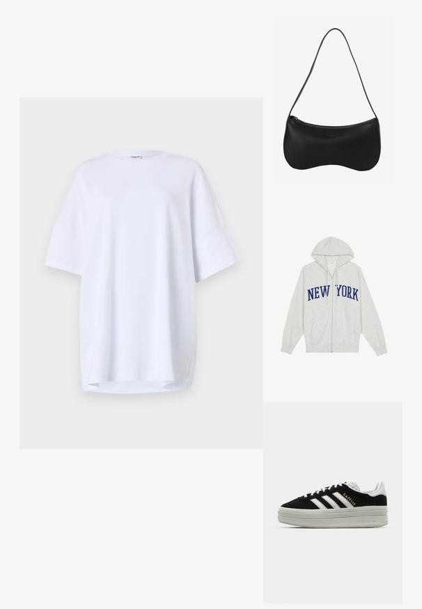 Sudadera con cremallera gris con la palabra "NEW YORK" impresa en azul marino grande en el pecho, con capucha ajustable y bolsillos frontales.; Camiseta blanca de algodón de manga corta y corte oversize. Cuello redondo, aberturas laterales en el dobladillo y textura suave sin patrones o acentos visibles.; Zapatillas negras de ante con detalles en cuero blanco, tres rayas blancas, cordones planos y una gruesa suela de plataforma gris. Marca "Gazelle" en dorado.; Bolso de hombro de cuero negro con forma curva, cierre de cremallera y una sola correa delgada; textura lisa y detalle sutil con logotipo en relieve.