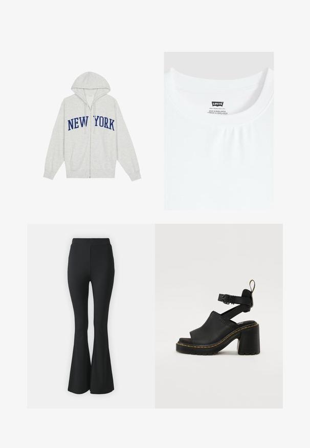 Grå zip-up hoodie med et stort "NEW YORK" trykt i marineblå over brystet, med snoretræk i hætten og forlommer.; Hvid t-shirt med rund hals og Levi's mærke syet ind i kraven, lavet i Bangladesh.; Sorte buks med flared design lavet af strækbart stof. Har en høj talje og et glat, tætsiddende design, der flared ud fra knæet og ned.; Sorte hælede sandaler med åben tå, justerbar ankelrem, glat læderoverdel og tekstureret gummisål med gule syninger.