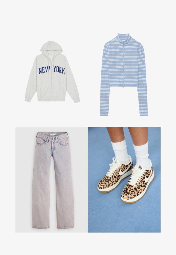 Grå zip-up hoodie med et stort "NEW YORK" trykt i marineblå over brystet, med snoretræk i hætten og forlommer.; Kort zip-up jakke i lyseblå med hvide vandrette striber. Har en høj krave og ribbet tekstur langs stoffet.; Lyseblå denimjeans med lige ben, der har et fem-lommer design, dobbeltknaplukning og minimal falmen.; Leopardprint Nike Air Force 1 sneakers med hvide snørebånd og swoosh, med en tan gummisål og tekstureret overdel. Hvide crew-sokker synlige.