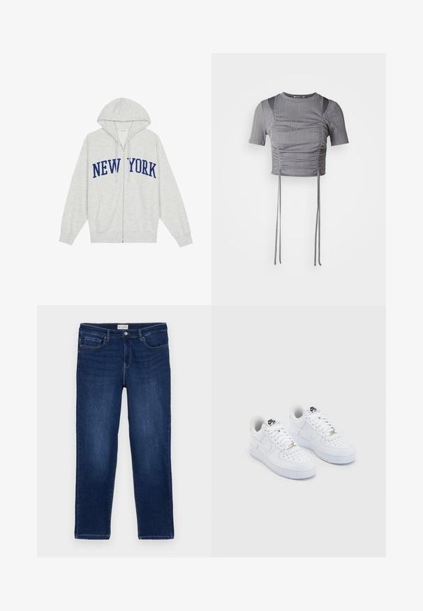 Graue Kapuzenjacke mit großem Aufdruck "NEW YORK" in marineblau auf der Brust, ausgestattet mit einer Kordelzugkapuze und vorderen Taschen.; Grauer Cropped-Top mit kurzen Ärmeln, vertikaler Rippoptik, gerafften Details und verstellbaren Bindebändern am Saum für eine maßgeschneiderte Passform.; Dunkelblaue Denim-Jeans im geraden Schnitt, mit Fünf-Taschen-Design, sichtbaren Nähten und einem Metallknopfverschluss am Bund.; Weiße Nike Air Force 1 Sneaker mit einem geschmeidigen Obermaterial aus Leder, perforierter Zehenbox, weißen Schnürsenkeln und schwarzem Branding auf der Zunge.