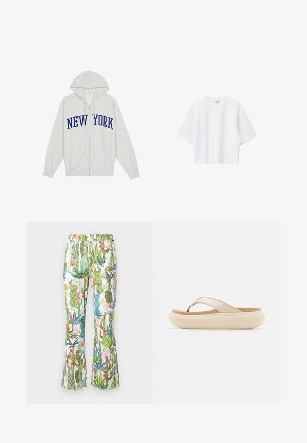 Grå zip-up hoodie med et stort "NEW YORK" trykt i marineblå over brystet, med snoretræk i hætten og forlommer.; Hvid cropped t-shirt lavet af blød bomuld med rund hals, korte ærmer og løs pasform. Simpelt og alsidigt design.; Cactus-mønstrede flared bukser med et livligt design i grøn, pink og blå på hvidt stof med en glat tekstur og en tætsiddende talje.; Beige flip-flop sandal med en bred tåstrop og en tyk, rund sål. Har et glat overmateriale og en kontrasterende brun fodseng.