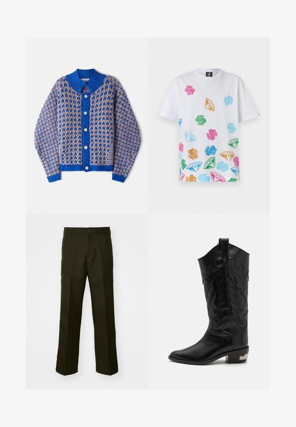 Henrik Vibskov KIMCHI CARDIGAN - Strickjacke - blue party; Weißes T-Shirt mit kurzen Ärmeln, bedruckt mit bunten Dollarzeichen und Diamantformen auf der Vorderseite und den Ärmeln.; The Kooples PANTALON - Stoffhose - kaki; Schwarze Leder-Cowboy-Stiefel mit filigranen eingestanzten Designs, spitzer Zehenform und niedrigem, gestapeltem Absatz mit metallischen Akzenten.