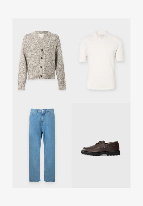 Grijs-witte gemêleerde gebreide cardigan met lange mouwen, V-hals, geribde boorden en zoom en vier zwarte knopen aan de voorkant.; Witte polo met korte mouwen, een gebreide textuur en een open kraag, weergegeven tegen een effen lichtgrijze achtergrond.; Lichtblauwe spijkerbroek met een rechte pijp, vijfzakkenontwerp en een knoopsluiting aan de tailleband. Geen zichtbare patronen of versieringen.; Donkerbruine leren bootschoen met een zwarte robuuste zool en veters, weergegeven in zijprofiel op een effen lichte achtergrond.