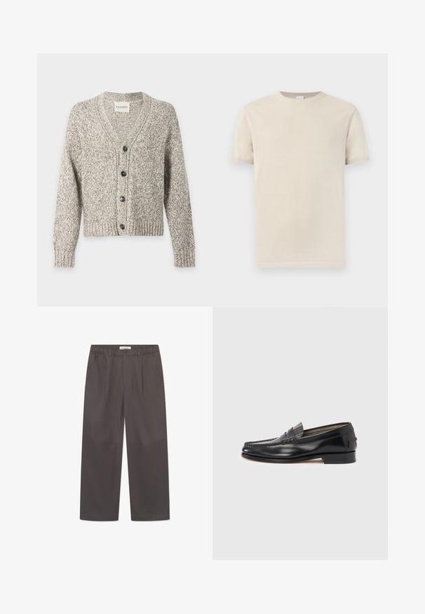 Grijs-witte gemêleerde gebreide cardigan met lange mouwen, V-hals, geribde boorden en zoom en vier zwarte knopen aan de voorkant.; Beige T-shirt met korte mouwen en ronde hals, voorzien van geribbelde kraag en manchetten, getoond tegen een effen lichte achtergrond.; Grijze, wijde broek van soepel stof, met een knoopsluiting en twee zijzakken. Eenvoudig, strak ontwerp zonder zichtbare patronen.; Zwarte leren loafers met een mocassin-stijl ontwerp, voorzien van een decoratieve band en stiksel detail op het bovenwerk. Lage blokhak.