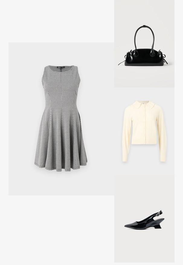 Cardigan à manches longues de couleur crème avec un devant boutonné et un petit col arrondi, présenté sur un fond uni.; Robe sans manches à carreaux noir et blanc avec un corsage ajusté et une jupe évasée, texture lisse et détails de couture subtils.; Chaussure slingback en cuir verni noir avec bout pointu et petit talon bloc incliné sur fond clair uni.; Petit sac à main noir brillant avec deux longues anses et des détails à cordon sur les côtés sur un fond clair uni.