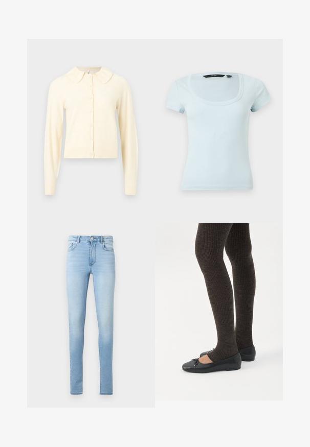 Cardigan à manches longues de couleur crème avec un devant boutonné et un petit col arrondi, présenté sur un fond uni.; Haut bleu clair à manches courtes côtelées avec un décolleté rond et une coupe ajustée, présenté sur un fond clair uni.; Jean skinny bleu clair avec poches avant, passants de ceinture, fermeture à bouton et à glissière, présenté sur un fond clair uni.; Jambes portant des leggings côtelés foncés associés à des ballerines noires avec de petits détails en nœud sur fond blanc.