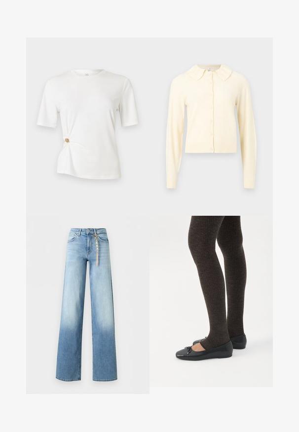 Cardigan à manches longues de couleur crème avec un devant boutonné et un petit col arrondi, présenté sur un fond uni.; T-shirt blanc en tissu doux, avec des manches courtes et un design torsadé à la taille agrémenté d'un détail circulaire doré.; Jean bleu clair à jambes larges avec décoloration aux cuisses, style cinq poches, fermeture par bouton et zip, et un accessoire chaîne dorée suspendu à une boucle de ceinture.; Jambes portant des leggings côtelés foncés associés à des ballerines noires avec de petits détails en nœud sur fond blanc.