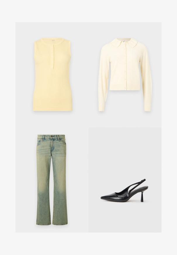 Cardigan à manches longues de couleur crème avec un devant boutonné et un petit col arrondi, présenté sur un fond uni.; Débardeur jaune côtelé sans manches avec un col rond et une patte de boutonnage à l'avant comportant quatre boutons.; Jean en denim bleu clair avec une coupe évasée, comportant cinq poches et un léger dégradé. Le tissu a une texture lisse et une fermeture à bouton classique.; Chaussure à talon haut en cuir noir, à bride arrière, avec un bout pointu et un talon fin sur fond blanc.