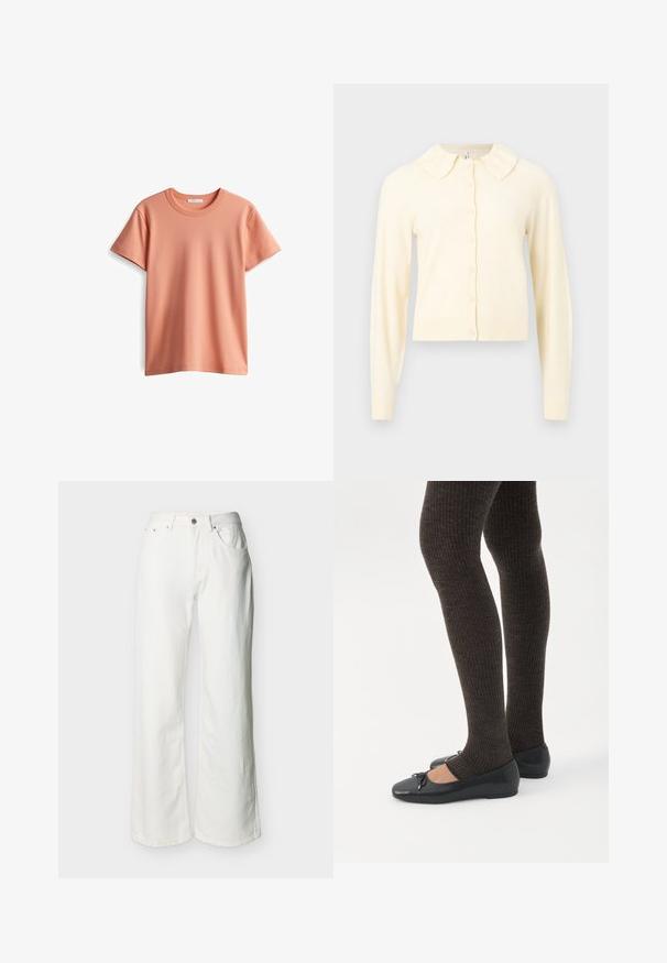 Crèmekleurige lange mouw cardigan met een knoopsluiting aan de voorkant en een kleine, afgeronde kraag, getoond tegen een effen achtergrond.; Korte mouwen T-shirt in licht perzikkleur, gemaakt van zachte katoen, met een klassieke ronde hals en een gladde, effen textuur.; Witte high-waist jeans met knoop- en ritssluiting, voorspeten en licht uitlopende pijpen, weergegeven op een effen achtergrond.; Benen met donkere geribbelde leggings gecombineerd met zwarte ballerina's met kleine strikdetails op een witte achtergrond.