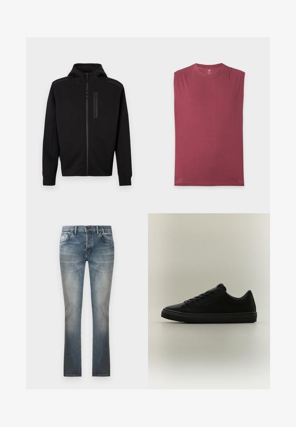 Sweat-shirt noir à capuche avec une fermeture éclair complète à l'avant, des poches latérales et une poche zippée sur la poitrine. Tissu lisse avec poignets et ourlet côtelés.; T-shirt sans manches à col rond, de couleur rouge foncé uni, posé à plat sur un fond gris clair.; Jean droit bleu délavé avec poches avant, passants pour ceinture et fermeture par bouton, présenté sur un fond blanc uni.; Baskets basses noires avec lacets à l'avant et semelle texturée, présentées sur un fond neutre en profil latéral.
