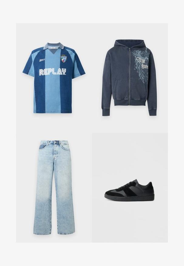 Tumesinine lukuga kapuutsiga dressipluus ees taskute, kapuutsi ja hele sinise kotka graafikuga tekstiga „True Love“ paremal rinnal.; Denim-stiilis trikotaaž lühikeste varrukatega, tumeda ja helesinise riba kujundusega, V-kaelusega ja silmatorkava "REPLAY" logoga.; Hele sinised kõrge vöökohaga teksapüksid, millel on nööp- ja tõmblukukinnitus, esitaskud ja lai sääre lõige.; Mustad vabaajajalatsid, mis on valmistatud siledast nahast ja seemisnahast, tekstuurse musta kummist tallaga ning peene triibulise detailiga.