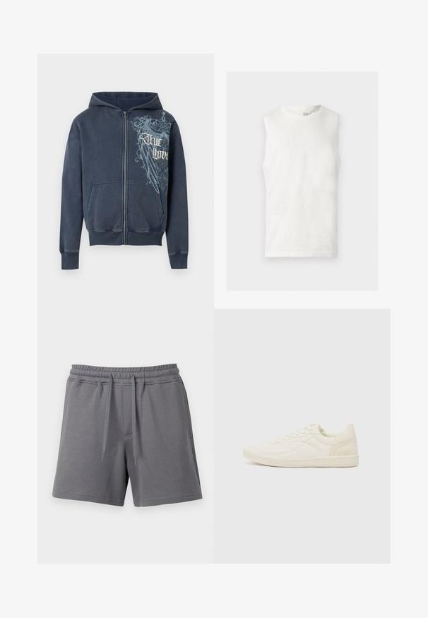 Sweat à capuche zippé bleu marine avec poches avant, une capuche, et un motif d'aigle bleu clair avec le texte « True Love » sur la poitrine droite.; Débardeur blanc sans manches à col rond avec un petit logo GAP à l'intérieur du col arrière, posé à plat sur un fond clair.; Shorts décontractés gris avec taille élastique et cordons, poches avant et ourlet droit sur fond blanc.; ALDO THEPITCH - Baskets basses - white