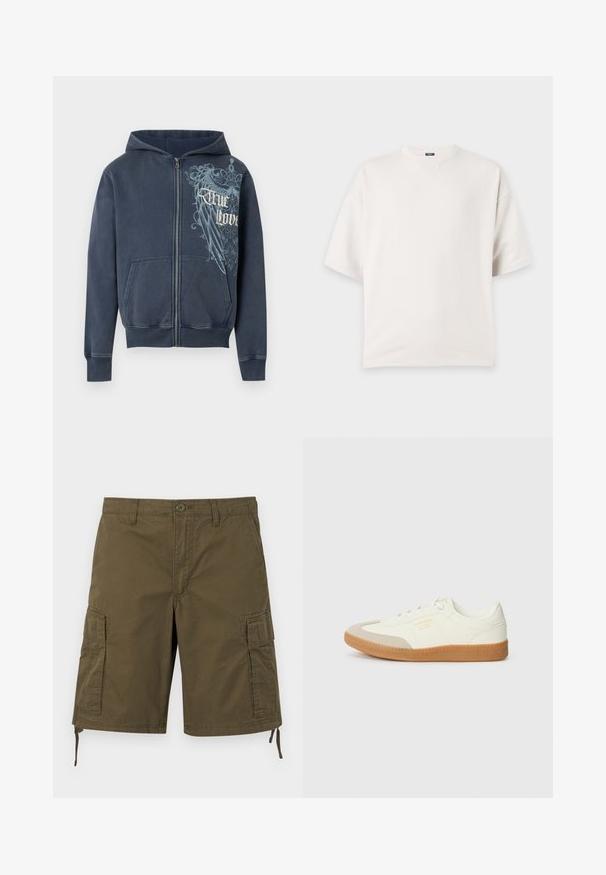 Sweat à capuche zippé bleu marine avec poches avant, une capuche, et un motif d'aigle bleu clair avec le texte « True Love » sur la poitrine droite.; T-shirt blanc uni à manches courtes, col rond, coupe décontractée et petit détail de couture triangulaire sous le col.; Short cargo kaki avec poches latérales à rabat, fermeture à boutons à l'avant, passants pour ceinture et cordons réglables à l'ourlet.; Baskets en cuir blanc avec une coque beige et une semelle en caoutchouc marron clair. Dotées de lacets blancs plats et d'un logo embossé sur le côté.