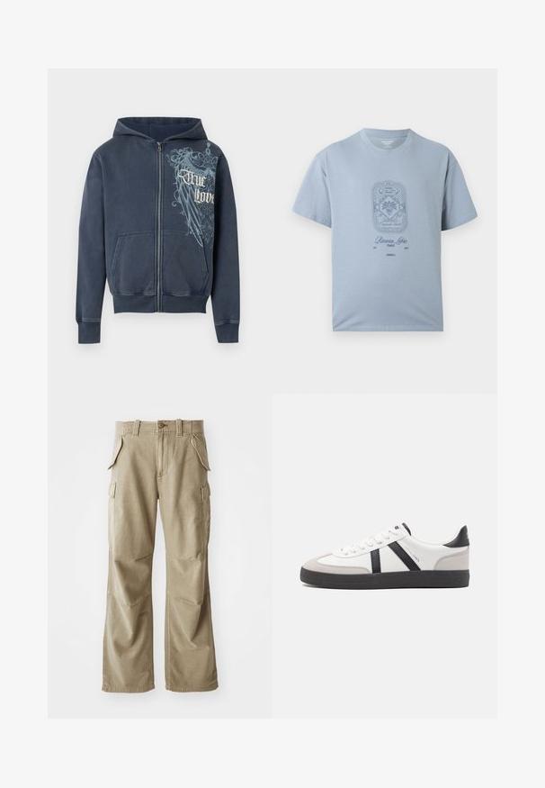 Navyblå hættetrøje med lynlås, forlommer, hætte og en lyseblå ørnegrafik med teksten "True Love" på højre bryst.; Lyseblå kortærmet T-shirt med rund hals og marineblåt grafisk design, der viser en plante og teksten "Riviera Libre France" på forsiden.; Beige cargo bukser lavet af slidstærkt stof, med en afslappet pasform, flere sidelommer og forstærkede knæ. Flad frontdesign.; Hvide sneakers med sorte og grå detaljer, med en tekstureret grå tåhætte, sort gummisål og flade hvide snørebånd. Rent design, minimalistisk stil.