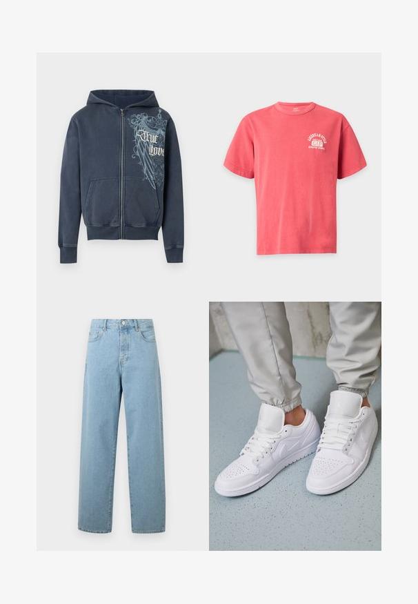 Navyblå hættetrøje med lynlås, forlommer, hætte og en lyseblå ørnegrafik med teksten "True Love" på højre bryst.; Korallyser t-shirt med korte ærmer, rund hals og hvid tekst "American Style New York GAP Athletic Sports" på venstre bryst.; Lyseblå vide jeans lavet af denim, med frontknaplukning, traditionelt fem-lommer design og en afslappet pasform.; Hvide lædersneakers har en perforeret tåboks, flade snørebånd, polstret krave og Jordan-logoet på tungen. Båret med grå joggers.