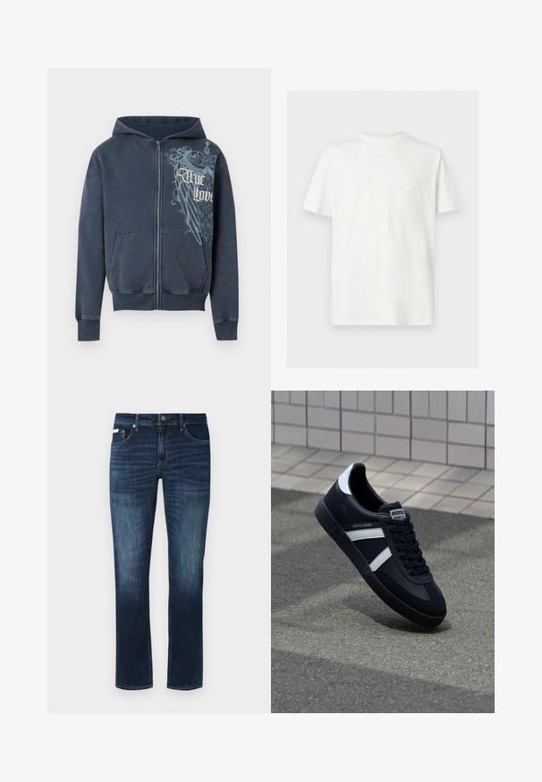 Navyblauwe hoodie met rits, voorzakken, capuchon en een lichtblauwe arendafbeelding met de tekst "True Love" op de rechterborst.; Wit T-shirt met korte mouwen en ronde hals in een losse pasvorm op een effen lichte achtergrond.; Donkerblauwe denim jeans met een rechte pasvorm, voorzien van een klassiek vijf-pocketontwerp, koperen details en subtiele vervagingselementen.; Zwarte leren sneaker met witte strepen, een gestructureerde rubberen zool en vetersluiting aan de voorkant. Voorzien van een merklabel op de tong.