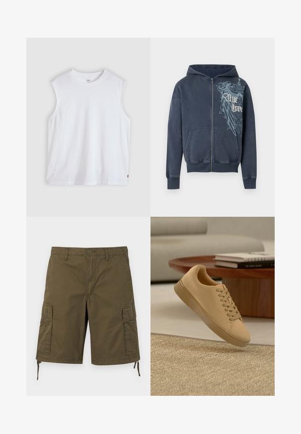 Sweat à capuche zippé bleu marine avec poches avant, une capuche, et un motif d'aigle bleu clair avec le texte « True Love » sur la poitrine droite.; T-shirt blanc sans manches à col rond avec une petite étiquette logo Levi's sur la couture latérale, présenté sur un fond clair uni.; Short cargo kaki avec poches latérales à rabat, fermeture à boutons à l'avant, passants pour ceinture et cordons réglables à l'ourlet.; Baskets beiges à lacets flottant au-dessus d'un tapis texturé avec une table basse en bois et des livres empilés en arrière-plan flou.