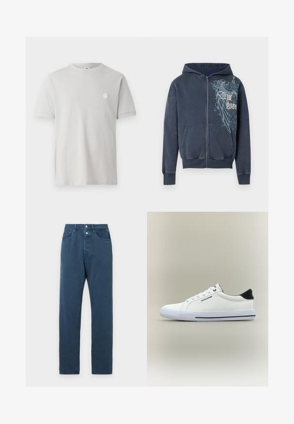 Navyblauer Kapuzenpullover mit Reißverschluss, Fronttaschen, Kapuze und einer hellblauen Adler-Grafik mit dem Schriftzug „True Love“ auf der rechten Brust.; Helles graues Baumwoll-T-Shirt mit kurzen Ärmeln, rundem Ausschnitt und einem kleinen hexagonalen weißen Logo auf der oberen linken Seite. Glatte Textur.; Blaue Jeans mit geradem Schnitt, hoher Taille, zwei Fronttaschen und einem Knopfverschluss. Der Stoff wirkt glatt und ungeschmückt.; Weißer Sneaker mit niedrigem Schaft, schwarzem Fersenlasche, weißen Schuhbändern und "JACK & JONES"-Logo an der Seite und auf der Zunge, vor neutralem Hintergrund.
