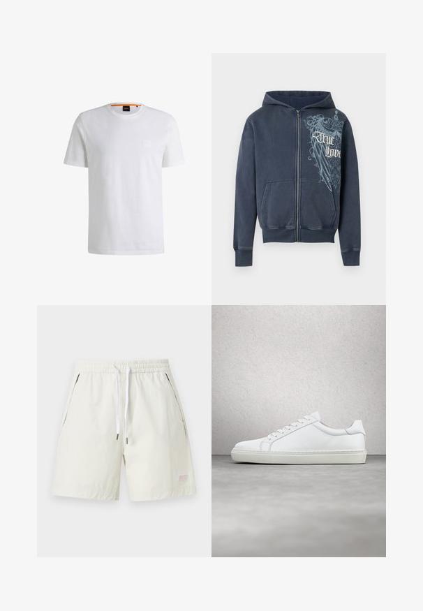 Navyblå hættetrøje med lynlås, forlommer, hætte og en lyseblå ørnegrafik med teksten "True Love" på højre bryst.; Hvid bomulds t-shirt med korte ærmer og rund hals. Har et diskret logo-patch foran og en orange detalje ved kraven.; Hvide elastiske taljeshorts med snøre, sidelommer og et lille broderet logo nær venstre kant.; Hvide sneakers med en glat læderoverdel og lav profil. Har en rund tå, seks snørehuller og en tekstureret gummisål.