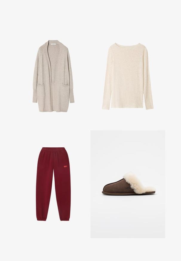 Beige åben-front cardigan lavet af blødt stof, med lange ærmer, ribbede manchetter og to lommer foran. Enkel, klassisk design.; Langærmet, lysebeige striktop med bådudskæring og subtil meleret tekstur.; Bordeaux sweatpants med elastisk talje, sidelommer og tapered ben. Bemærkelsesværdigt logo trykt i pink på venstre side.; Brun ruskindssofa med en cremefarvet fåreskindsforing og en afrundet tå. Har sort UGG-logo på siden og en flad sål.