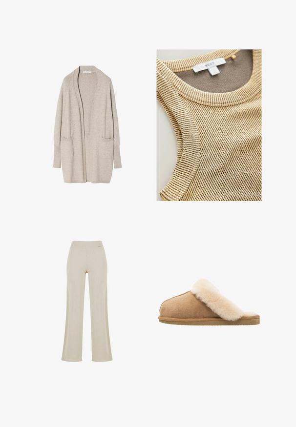 Beige open-front cardigan van zachte stof, met lange mouwen, geribbelde manchetten en twee voorzakken. Eenvoudig, klassiek ontwerp.; Beige geribbelde tanktop met een ronde halslijn en een textuurstof met subtiele donkere strepen. Label zichtbaar in het halsgebied.; Beige wijde broek met een gladde ribbelstructuur, elastische tailleband en geen zichtbare versieringen, die een ontspannen silhouet biedt.; Beige suède instapschoen met een zachte, fluffy crème schapenvachtvoering. Voorzien van een platte, gestructureerde rubberen zool voor grip.