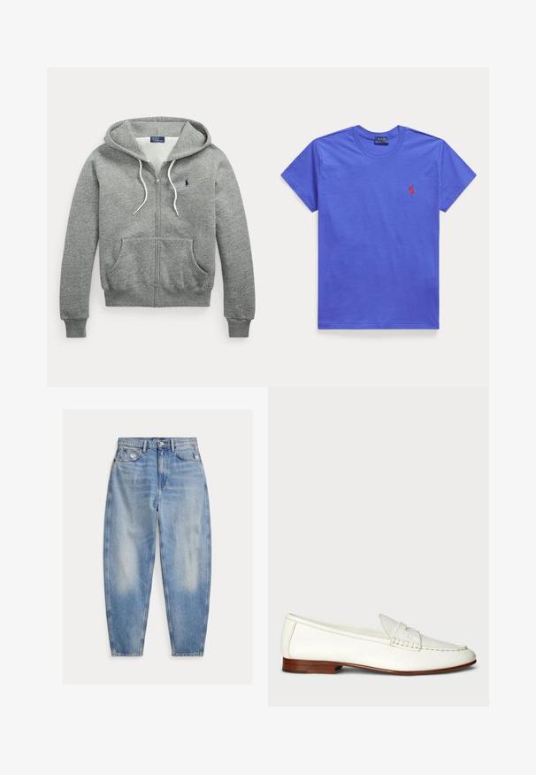 Hall lukkega kapuutsiga dressipluus valgete nööridega, ees taskud, soonikkoes varrukasääred ja väike tumesinine Polo Ralph Laureni logo rinnal.; Tavaline sinine lühikeste varrukatega ümmarguse kaelusega T-särk, millel on vasakul rinnal väike punane Polo Ralph Laureni tikitud logo.; Hele sinised kõrge vöökohaga teksad kerge pleekimise ja kulumismärkidega eesmine taskute lähedal, viie taskuga stiil ja kitsenevate säärtega.; Valged nahast loafers, millel on tekstureeritud viimistlus, ümar nina ja kudumise aktsent. Madal puidust konts ja minimalistlik disain.