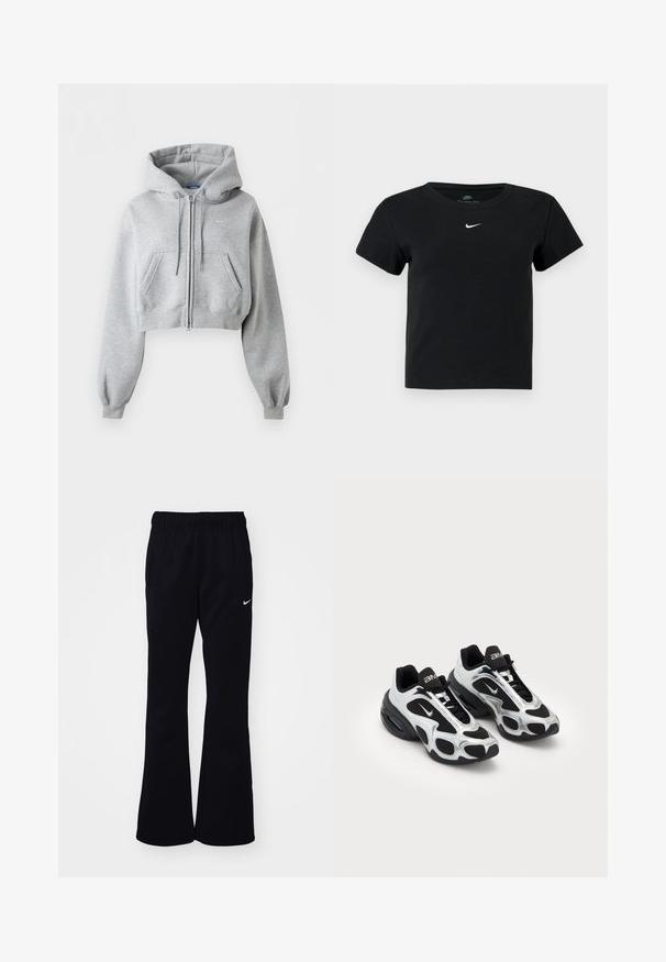 Lichtgrijze cropped zip-up hoodie met voorzakken, capuchon met koord, geribde boorden en subtiel Nike-logo op de borst.; Zwart geribbeld T-shirt met korte mouwen, voorzien van een klein wit Nike-logo op de borst en een ronde halslijn.; Zwarte joggingbroek met een elastische tailleband, uitlopende pijpen, twee zijzakken en een wit Nike-logo aan de linkerkant.; Zwarte en zilveren sportschoenen met een bovenwerk van mesh en synthetisch materiaal, voorzien van een kenmerkend golvend ontwerp en een gevoerde kraag, met luchtkussens in de zool.