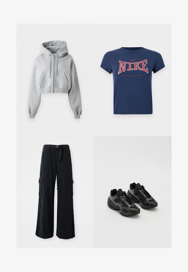 Lysegrå cropped lynlås-hoodie med forlommer, snøre i hætten, ribstrikkede manchetter og et subtilt Nike-logo på brystet.; Mørkeblå t-shirt med korte ærmer med "NIKE" i store røde bogstaver og en lille rød Nike swoosh ovenover, "ATHLETIC DEPT." nedenunder.; Sorte bredbenede cargo-bukser lavet af bomuld med et bånd, der kan bindes, og som har to sidelommer samt en glat stofstruktur.; Sorte sportssko lavet af syntetisk materiale med mesh-detaljer og afrundede såler. Har snørresystem og fremtrædende Nike-logo på tungen.