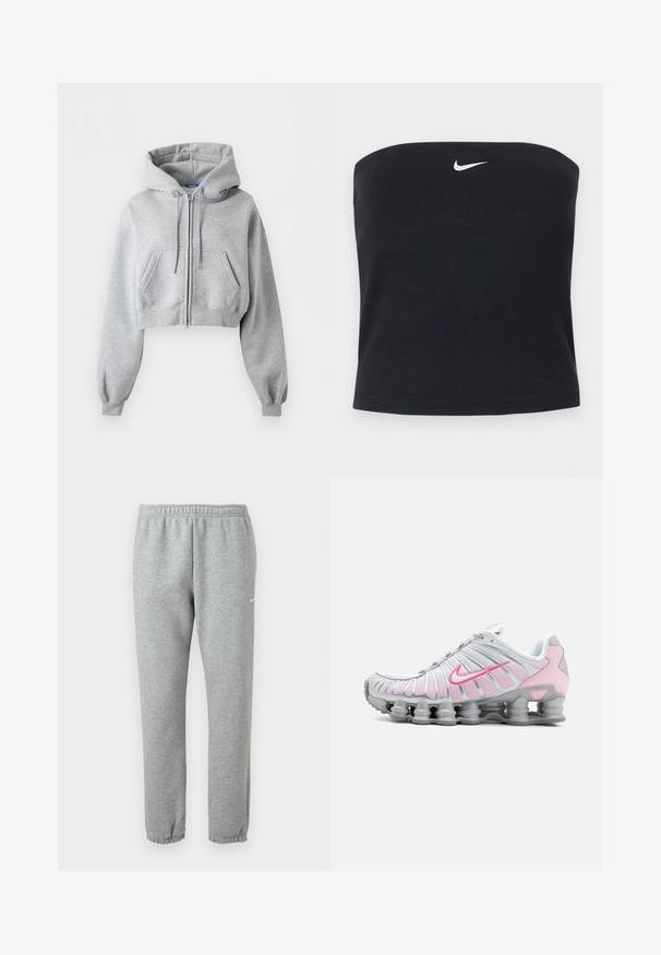 Hellgrauer kurzer Zip-Hoodie mit Fronttaschen, Kordelzug an der Kapuze, gerippten Bündchen und dezentem Nike-Logo auf der Brust.; Schwarzes, trägerloses Nike Tube-Top mit weißem Swoosh-Logo, mittig nahe dem oberen Rand, einfarbiger Hintergrund.; Hellgraue Nike-Sweathose mit elastischem Bund und Bündchen, kleines weißes Nike-Swoosh-Logo am oberen linken Oberschenkel.; Nike Sportschuh in Weiß und Hellrosa. Mit einem Obermaterial aus Mesh und einer markanten, gewölbten Sohle mit sichtbarer Luftpolsterung.