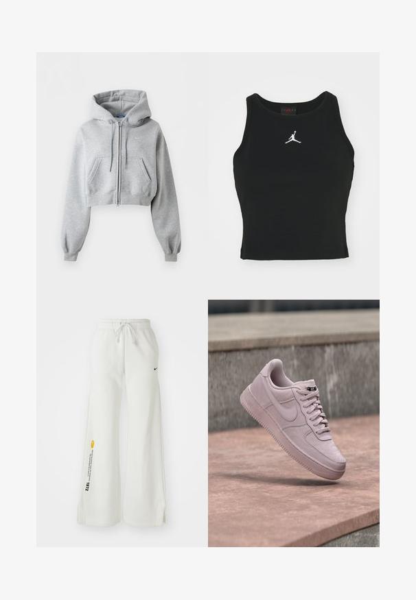 Lichtgrijze cropped zip-up hoodie met voorzakken, capuchon met koord, geribde boorden en subtiel Nike-logo op de borst.; Zwarte, op maat gemaakte tanktop van katoen, met een ronde halslijn en een wit Jordan-logo dat op het midden van de voorkant is gestikt. Soepele textuur.; Witte, wijde sweatpants met een elastische tailleband, trekkoord, zijslitsen, zwart Nike-logo en contrasterende gele grafische tekst.; Lichtroze Nike Air Force 1 sneaker zwevend boven een roze getinte betonnen ondergrond met een grijze stenen muur op de achtergrond.