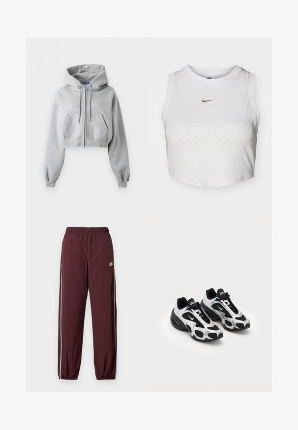Sudadera con capucha corta en gris claro con cremallera, bolsillos delanteros, capucha con cordón, puños de punto elástico y un sutil logo de Nike en el pecho.; Top corto blanco hecho de una tela suave y texturizada. Presenta un cuello redondo y un diseño sin mangas, con un pequeño logotipo dorado de Nike en la parte delantera.; Pantalones deportivos burdeos con cintura elástica, con una línea lateral de color azul claro y un pequeño logo blanco de Nike en la parte delantera.; Zapatos deportivos negros y plateados con parte superior de malla y sintético, que presentan un diseño ondulante distintivo y un collar acolchado, con amortiguación de aire en la suela.
