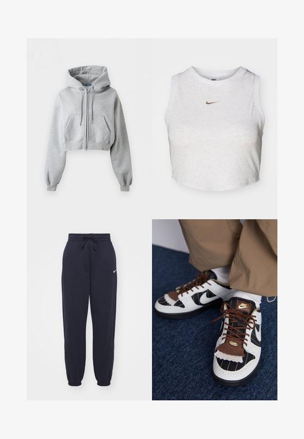 Sudadera con capucha corta en gris claro con cremallera, bolsillos delanteros, capucha con cordón, puños de punto elástico y un sutil logo de Nike en el pecho.; Top corto blanco hecho de una tela suave y texturizada. Presenta un cuello redondo y un diseño sin mangas, con un pequeño logotipo dorado de Nike en la parte delantera.; Pantalones de chándal Nike en azul marino, hechos de un material suave. Cuenta con una cintura elástica con cordón y tobillos ajustados. Pequeño acento con el logo blanco.; Zapatillas Nike con materiales en blanco, negro y marrón. Presentan una solapa texturizada marrón, un diseño de rayas y cordones tradicionales con acentos dorados.
