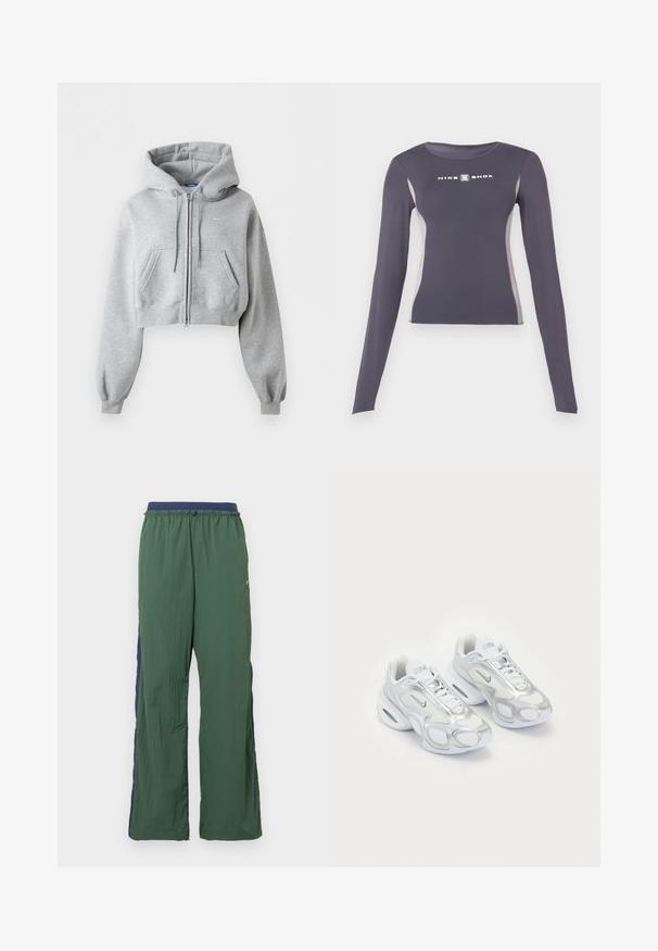 Svetlosivá krátka mikina na zips, s prednými vreckami, kapucňou so sťahovacou šnúrkou, rebrovanými manžetami a jemným logom Nike na hrudi.; Tmavošedý dlhý rukáv priliehavý športový top s svetlošedými bočnými panelmi a bielym logom "Nike Shox" na hrudi.; Zelené športové nohavice s širokými nohavicami, s tmavomodrým pásom a bočným panelom, vyrobené z ľahkej, textúrovanej látky.; Biele športové topánky s vrchom z sieťoviny a striebornými akcentmi, unikátnym tvarom a vzduchovým odpružením v päte. Šnurovací dizajn s logom.