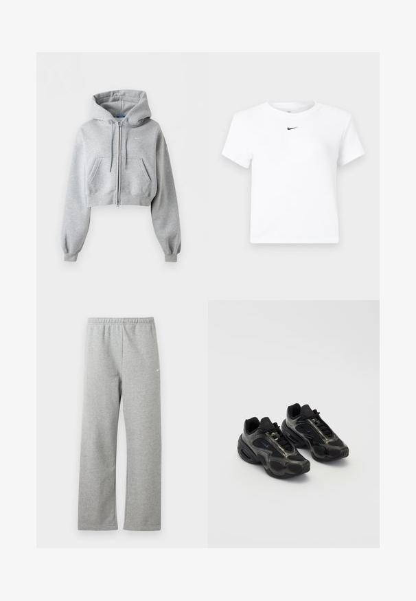 Svetlosivá krátka mikina na zips, s prednými vreckami, kapucňou so sťahovacou šnúrkou, rebrovanými manžetami a jemným logom Nike na hrudi.; Biele krátke tričko značky Nike s krátkym rukávom a zrezaným strihom, s malým čiernym logom Nike swoosh umiestneným pod výstrihom uprostred.; Svetlosivé tepláky s elastickým pásom a malým bielym logom Nike na hornej časti stehna, zobrazené na bielom pozadí.; Čierne športové topánky so syntetickým materiálom, sieťovanými akcentmi a zaoblenými podrážkami. Majú šnurovací systém a výrazné logo Nike na jazyku.