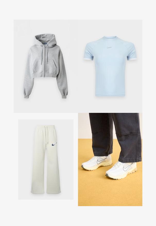 Lysegrå cropped lynlås-hoodie med forlommer, snøre i hætten, ribstrikkede manchetter og et subtilt Nike-logo på brystet.; Lyseblå atletisk t-shirt med korte ærmer lavet af glat stof. Har rund halsudskæring og subtilt Nike-logo på brystet med hvide detaljer.; Cremefarvede sweatpants lavet af en bomuldsblanding, der har en afslappet pasform, elastisk talje med snor og et navy Nike-logo på forsiden.; Hvide atletik sko med mesh og syntetiske materialer, med et gråt logo, struktureret sål og beige detaljer, parret med mørke bukser.