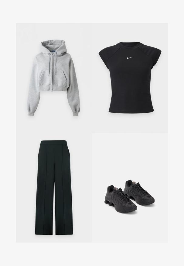 Lysegrå cropped lynlås-hoodie med forlommer, snøre i hætten, ribstrikkede manchetter og et subtilt Nike-logo på brystet.; Sort top med korte ærmer i ribbet tekstur, med rund halsudskæring og lille hvid Nike-logo på brystet.; Sorte bukser med brede ben lavet af glat stof, der har en høj talje, lodrette folder og ingen synlige metaldele eller lommer.; Sorte atletiske sko med en glat syntetisk overdel, teksturerede detaljer, snørebåndsdesign og synlig fjederaffjedring ved hælen.