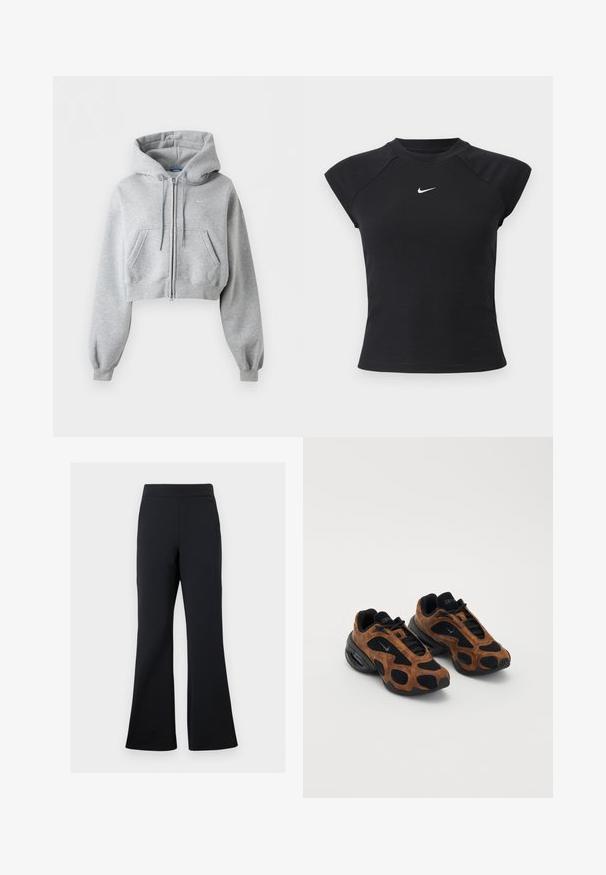 Svetlosivá krátka mikina na zips, s prednými vreckami, kapucňou so sťahovacou šnúrkou, rebrovanými manžetami a jemným logom Nike na hrudi.; Čierny top s krátkym rukávom so žíhanou textúrou, okrúhlym výstrihom a malým bielym logom Nike na hrudi.; Čierne rozšírené nohavice vyrobené z mäkkej látky s elastickým pásom a diskrétnym bočným vreckom, s hladkou textúrou a minimalistickým dizajnom.; Hnedé semišové a čierne sieťované tenisky zaobleného tvaru s výraznými výrezmi a masívnou čiernou podrážkou.
