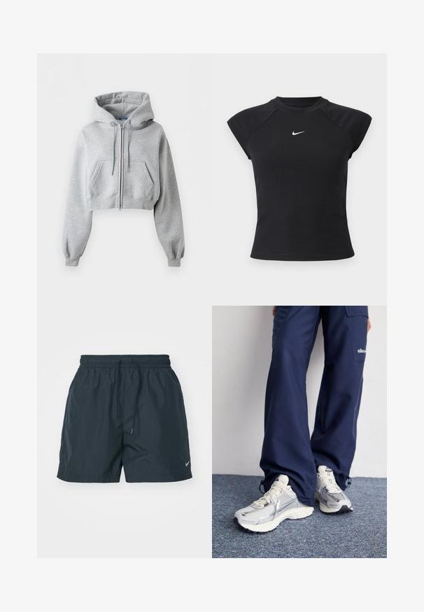 Lysegrå cropped lynlås-hoodie med forlommer, snøre i hætten, ribstrikkede manchetter og et subtilt Nike-logo på brystet.; Sort top med korte ærmer i ribbet tekstur, med rund halsudskæring og lille hvid Nike-logo på brystet.; Navyblå shorts med elastisk talje, snor og sidelommer. Har Nike-logoen i hvidt på den nederste venstre ben. Letvægtsmateriale.; Nike sportssko med en sølvfarvet mesh-overdel, hvide detaljer og strukturerede såler, parret med løstsiddende navy bukser.